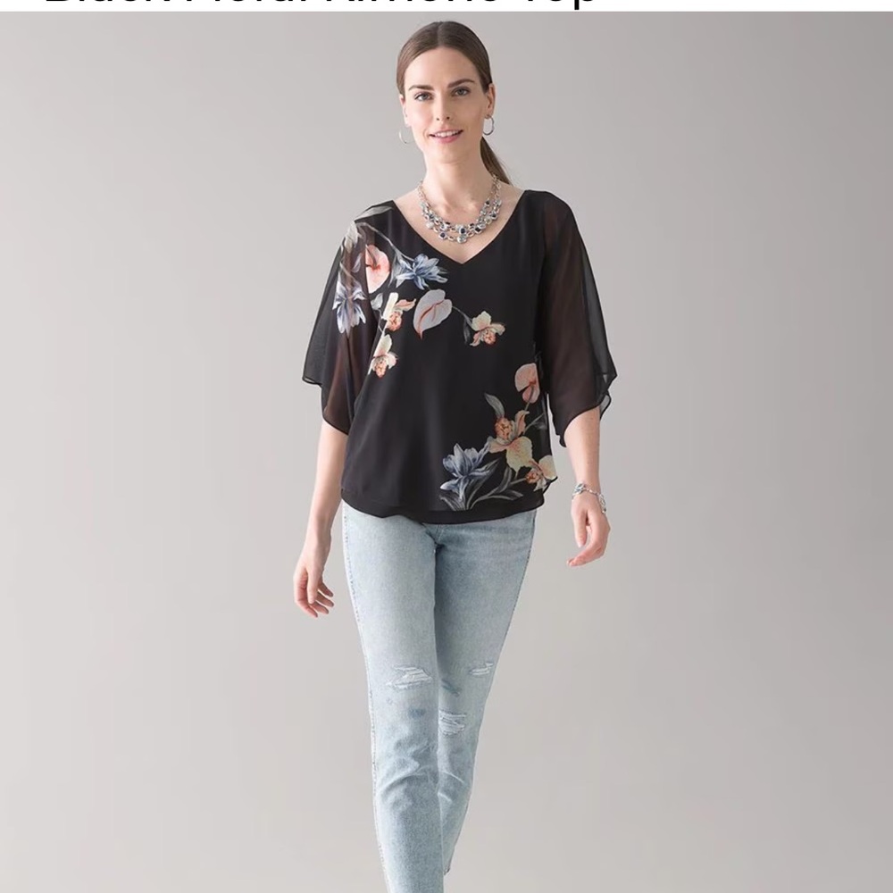 WHBM black floral kimono top